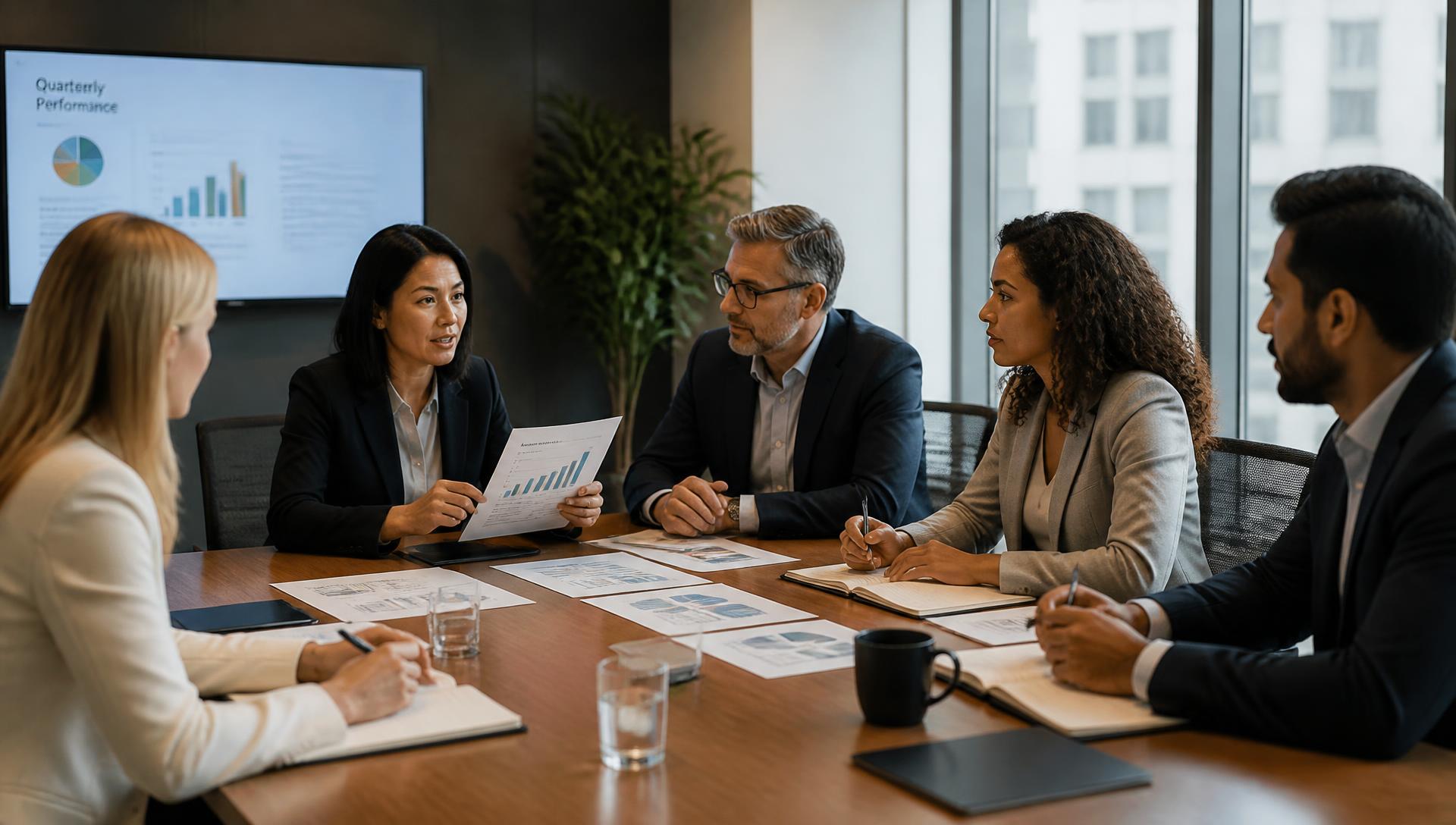 Business team reviewing event performance reports around a boardroom table